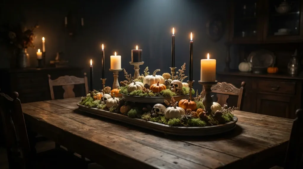 Your Halloween Dining Room Decor Star: Halloween Dining Room Decor Ideas centerpiece with layered tray, tall candles, moss, mini pumpkins, and skull accents.