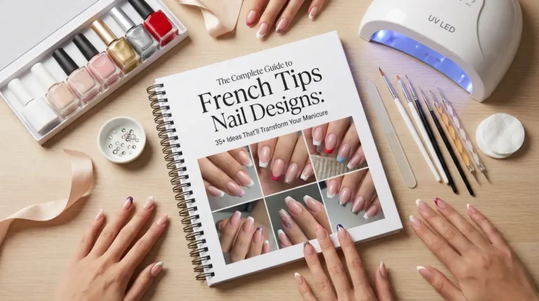 French Tips Nail Designs guide with polish, tools, and hands showcasing manicured nails.