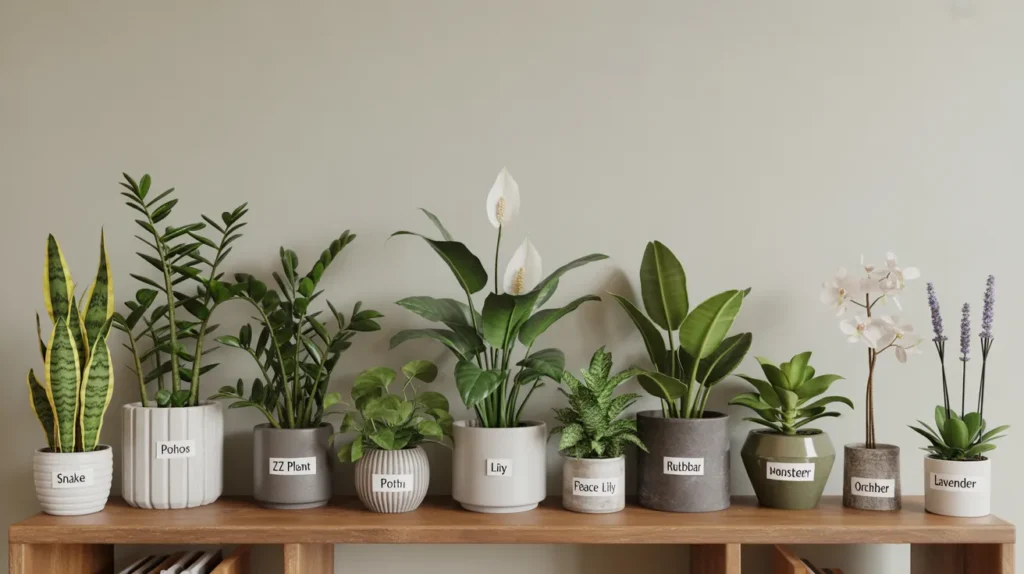 Row of different indoor plants like snake plant, pothos and monstera in pretty pots on a wooden surface, visual guide for Botanical Bedroom Ideas
