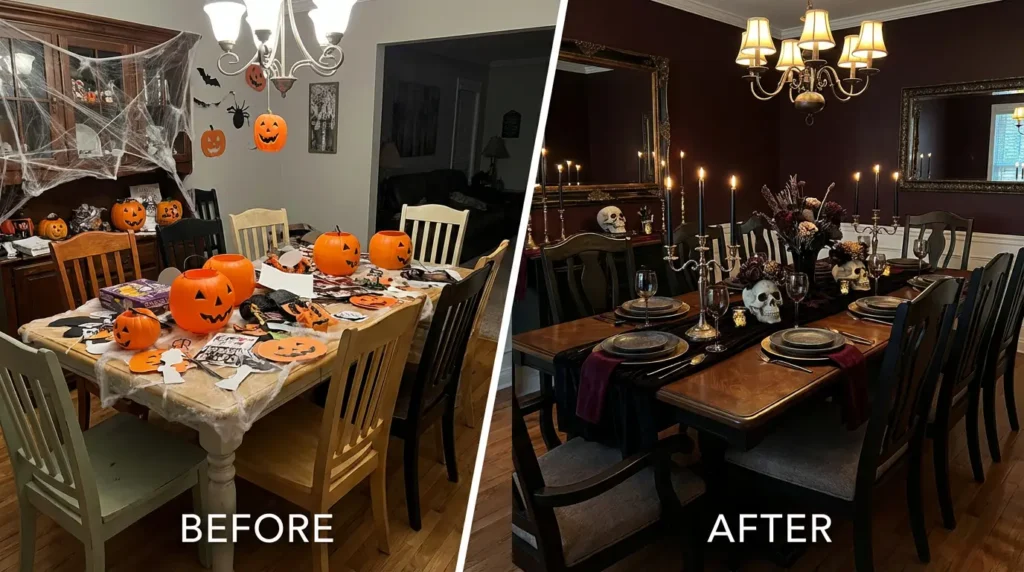 Halloween Dining Room Decor Ideas mood board flat-lay with black, gold, and white styling pieces and textures.