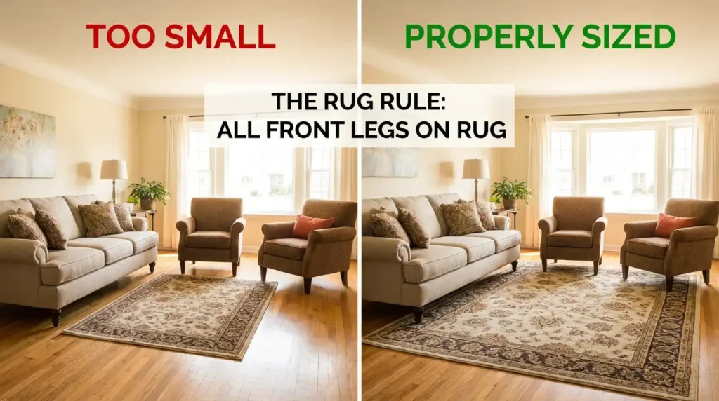 yourselflovehub.com rug sizing comparison showing too-small vs perfect 9x12 rug fit