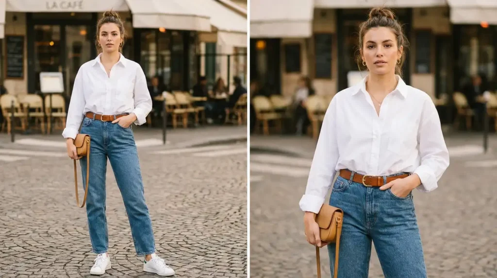 Oversized Shirt Outfit Ideas: Paris street style with oversized white shirt French tuck, straight-leg jeans, white sneakers, tan crossbody
