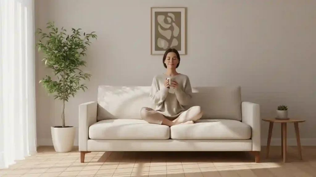 relaxed woman enjoying peaceful living room after spring decluttering and clearing visual clutter