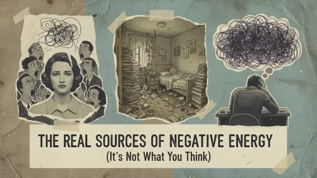 “Collage of stressed woman messy room and overthinking figure showing how people spaces and thoughts create negativity and how to remove negative energy from your life for good