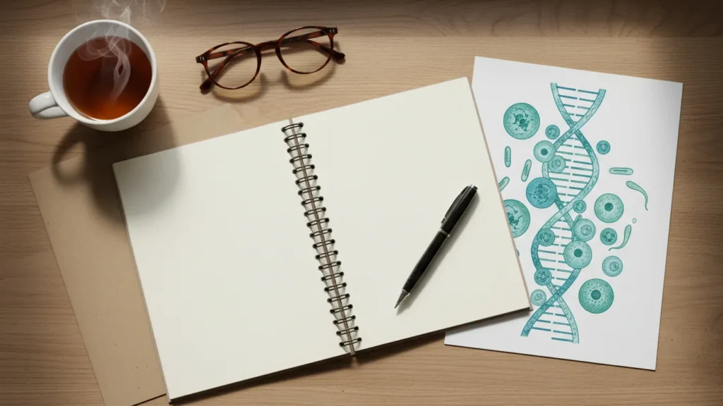 “Flat lay of notebook glasses pen DNA illustration and tea on a desk representing the research and science behind the 11 habits of women who age slowly