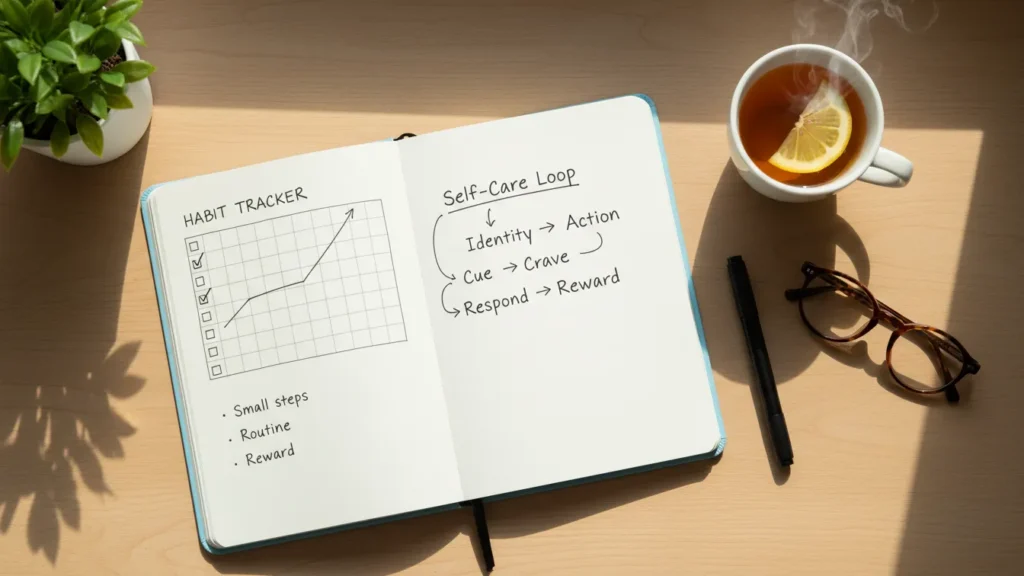 how to make a self care routine stick flat lay of habit journal with graph pen glasses and tea on wooden desk
