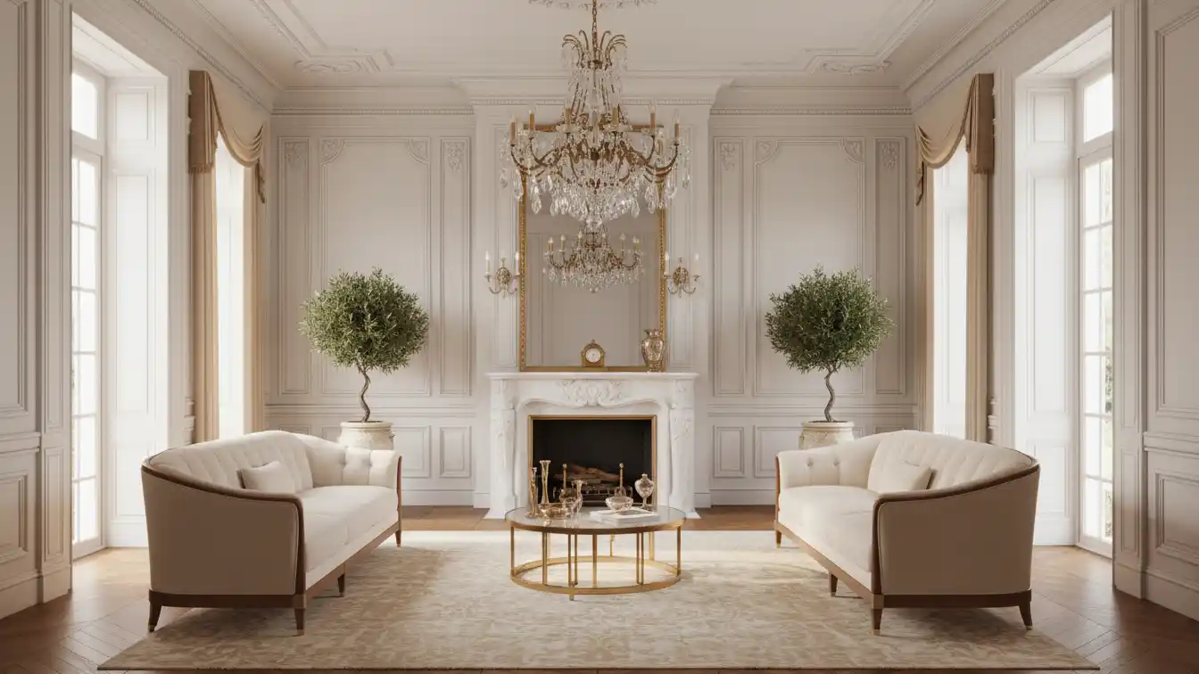 Elegant neoclassical living room with white wall paneling, ornate crown molding, crystal chandelier, marble fireplace and neutral tufted seating.