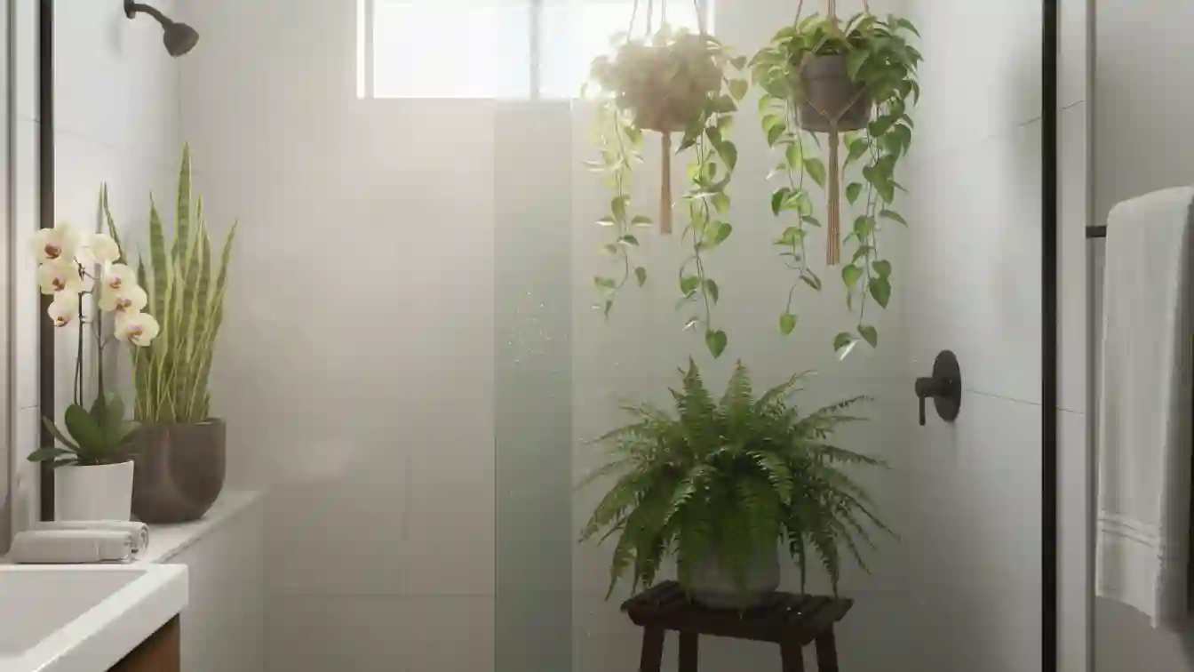 bathroom scene showing different sower plants