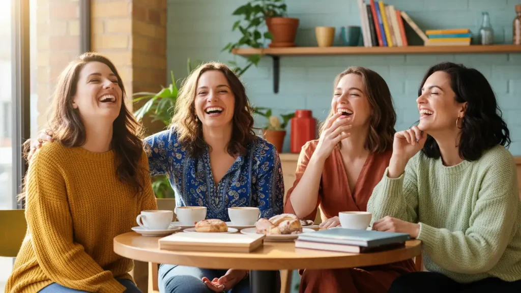 Group of women laughing together in a bright modern space, joyful friendship moment for YourselfLoveHub.com.