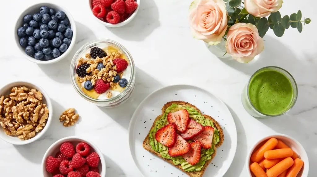 Overhead shot of colorful healthy breakfast with yogurt, berries, avocado toast and nuts, showing nutrition-focused habits that attractive women do.