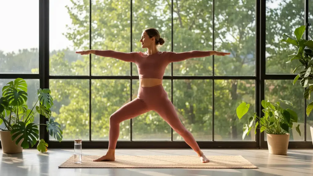 Fit woman doing yoga in sunlit room with plants and mat, representing healthy lifestyle content from YourselfLoveHub.com.