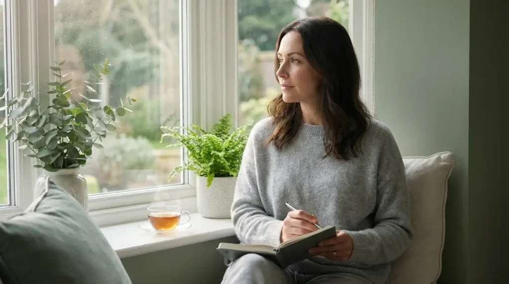 Thoughtful woman journaling by a bright window with tea and plants, representing emotionally intelligent habits that attractive women do.
