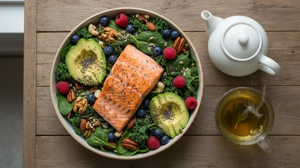 Colorful bowl with salmon leafy greens avocado berries nuts and seeds on a wooden table representing anti inflammatory eating as one of the 11 habits of women who age slowly