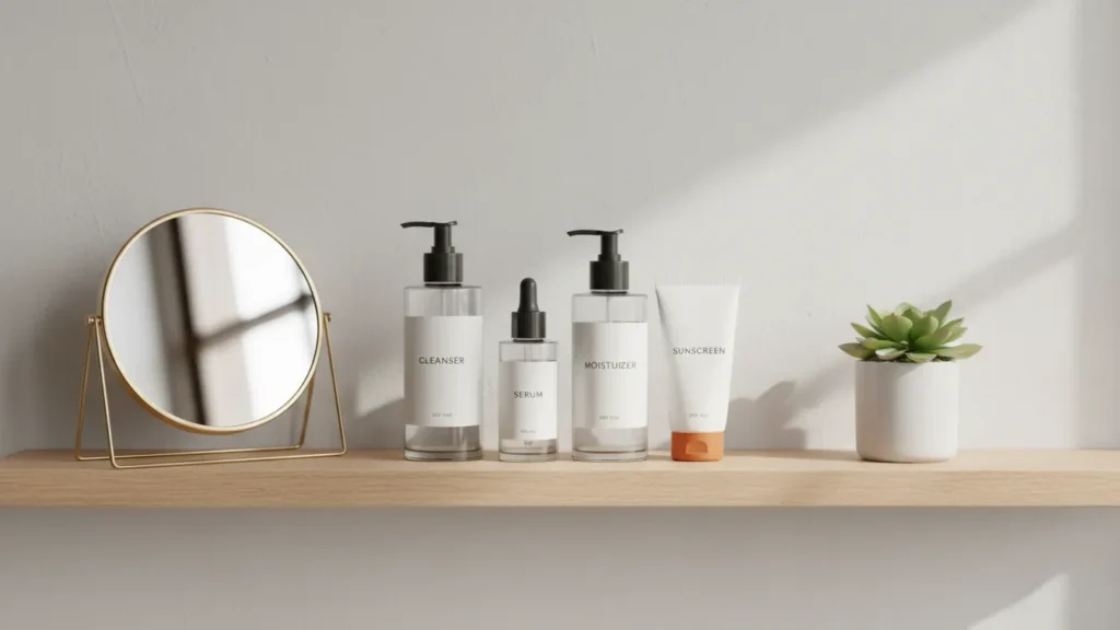 “Minimal bathroom shelf with cleanser serum moisturizer and sunscreen arranged neatly showing simple skincare as one of the 11 habits of women who age slowly