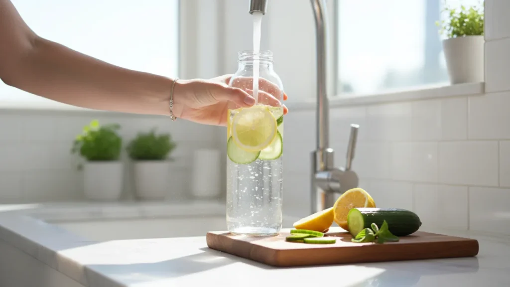 Close up of hand filling a clear water bottle with lemon and cucumber slices highlighting smart hydration as one of the 11 habits of women who age slowly
