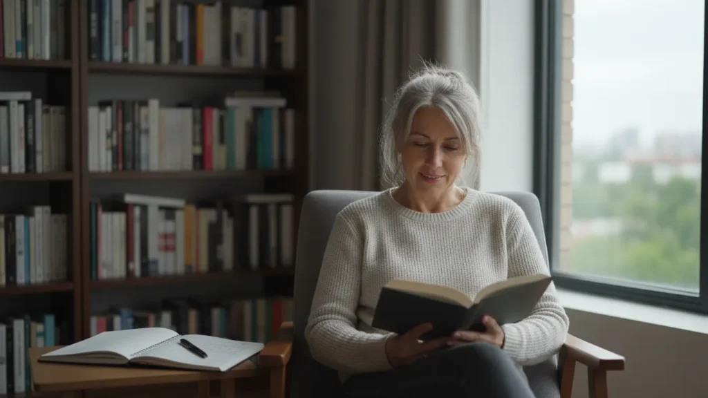 Woman in her 50s reading a book by the window with notebook and shelves of books behind her showing mental stimulation as one of the 11 habits of women who age slowly
