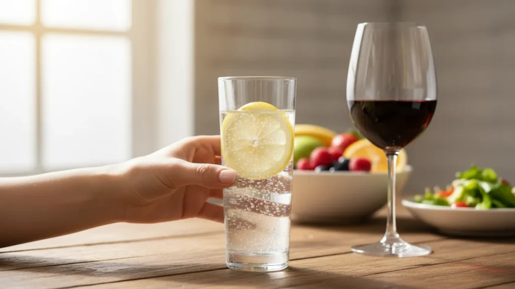 Hand choosing sparkling water with lemon instead of a glass of wine on a bright table showing moderation as one of the 11 habits of women who age slowly