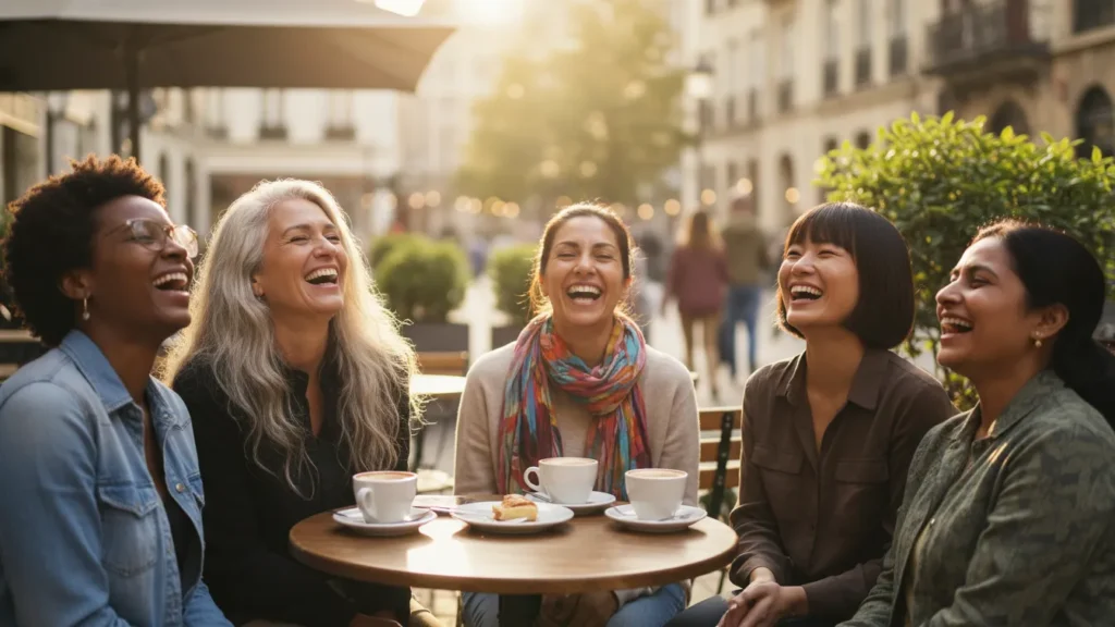 Group of diverse women laughing together around a cafe table with coffee showing supportive friendships as one of the 11 habits of women who age slowly