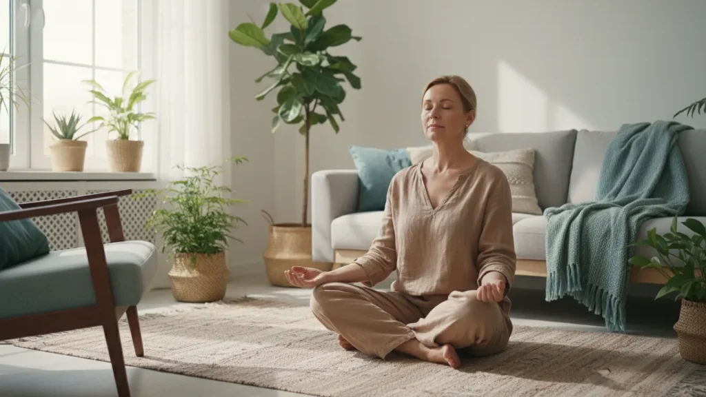 Midlife woman sitting cross legged on a rug meditating in a bright calm living room showing stress management as one of the 11 habits of women who age slowly