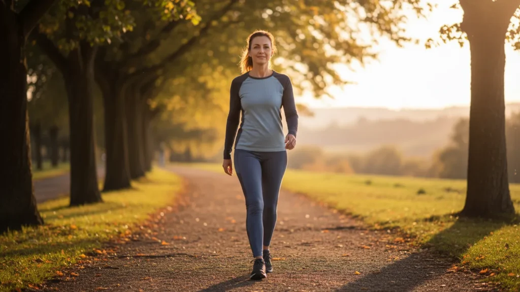 Midlife woman walking briskly outdoors on a tree lined path at golden hour illustrating daily movement as one of the 11 habits of women who age slowly