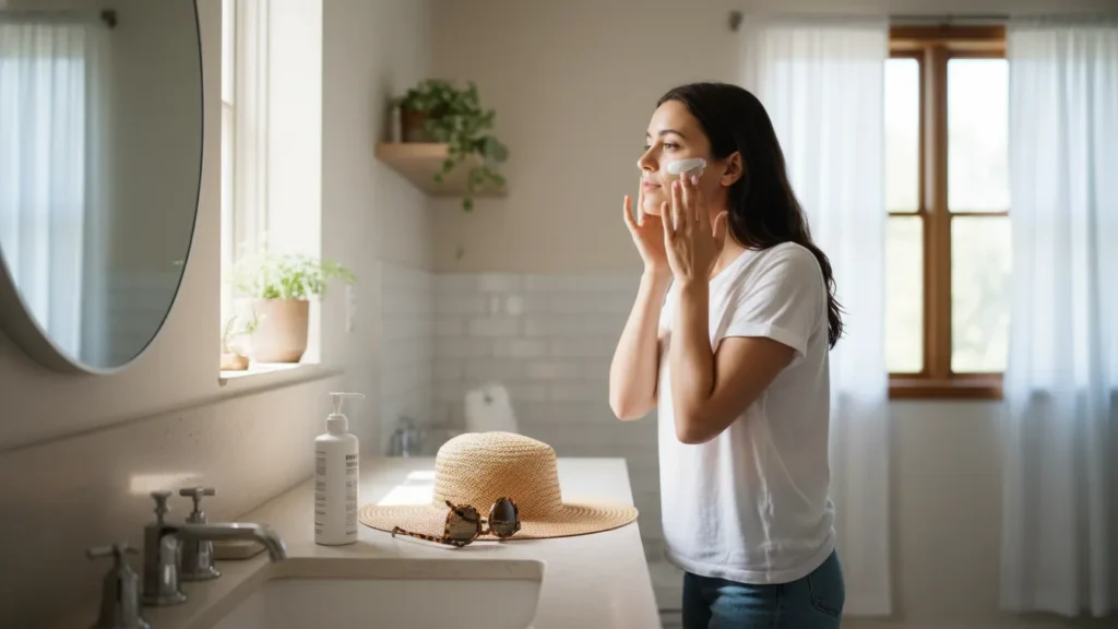 Woman applying sunscreen to her face in front of a mirror with a wide brimmed hat and sunglasses nearby showing sun protection as one of the 11 habits of women who age slowly