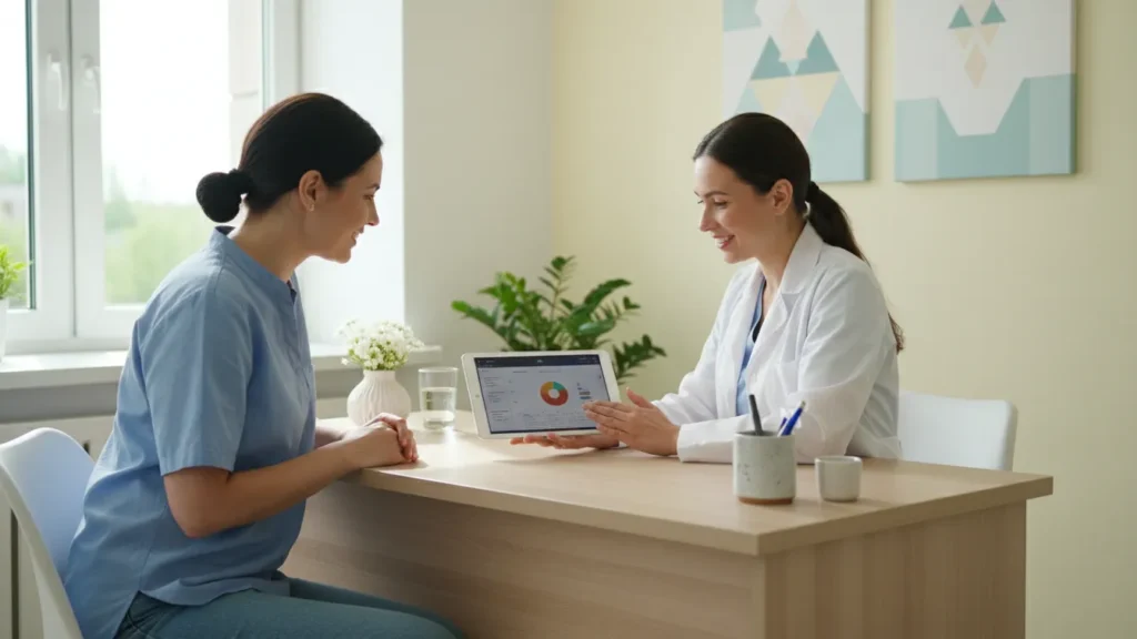 Woman talking with a friendly female doctor in a bright clinic while reviewing results on a tablet showing preventive care as one of the 11 habits of women who age slowly