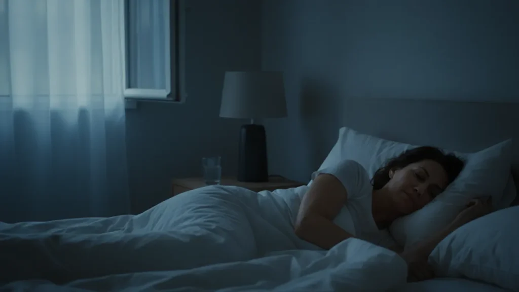 Woman in her 40s peacefully sleeping in a dark cool bedroom with white bedding showing restorative sleep as one of the 11 habits of women who age slowly