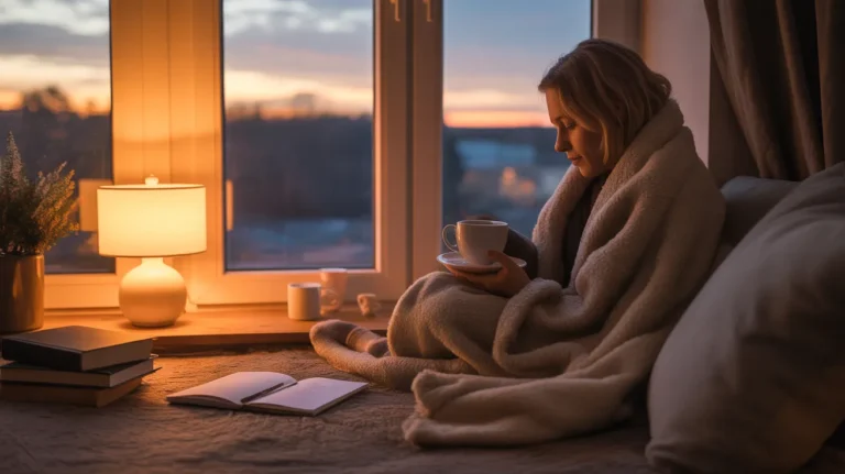 Cozy woman wrapped in a blanket by the window with a hot drink and open notebook, practicing soothing evening habits for lonely nights.