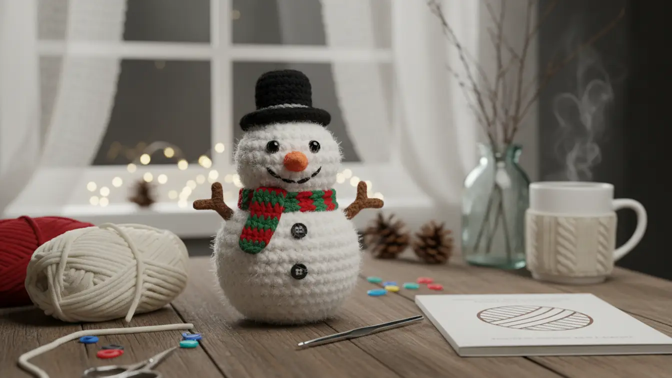 Crochet Amigurumi Snowman Beginner Tutorial cover image showing a cute handmade snowman plush on a cozy craft table.