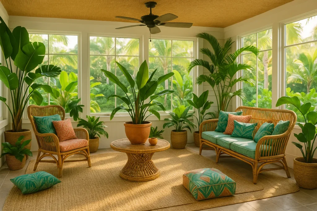 Tropical sunroom with wicker furniture, bold leafy plants and teal and coral cushions, a resort-style look curated by Yourself Love Hub.