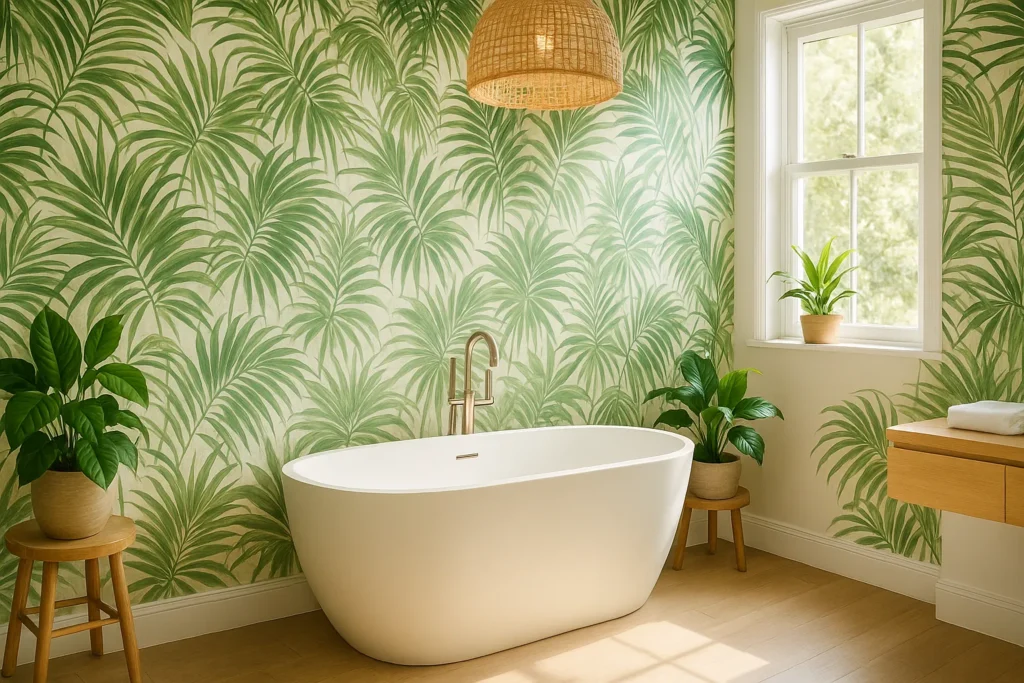 Spa-style bathroom with palm leaf wallpaper, freestanding tub and real plants, tropical green oasis inspiration for yourselflovehub.com.