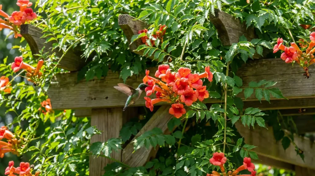 Best clinging vines trumpet vine orange-red blooms with hummingbird feeding