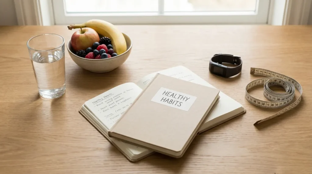 Flat lay of journal, water, fruit and step tracker on wooden table, representing the science behind the 10 habits of people who never gain weight