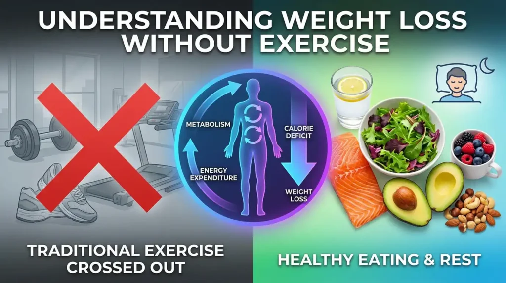 Visual guide to understanding weight loss without exercise, contrasting gym gear with food, sleep, and metabolism concepts for YourselfLoveHub.com.