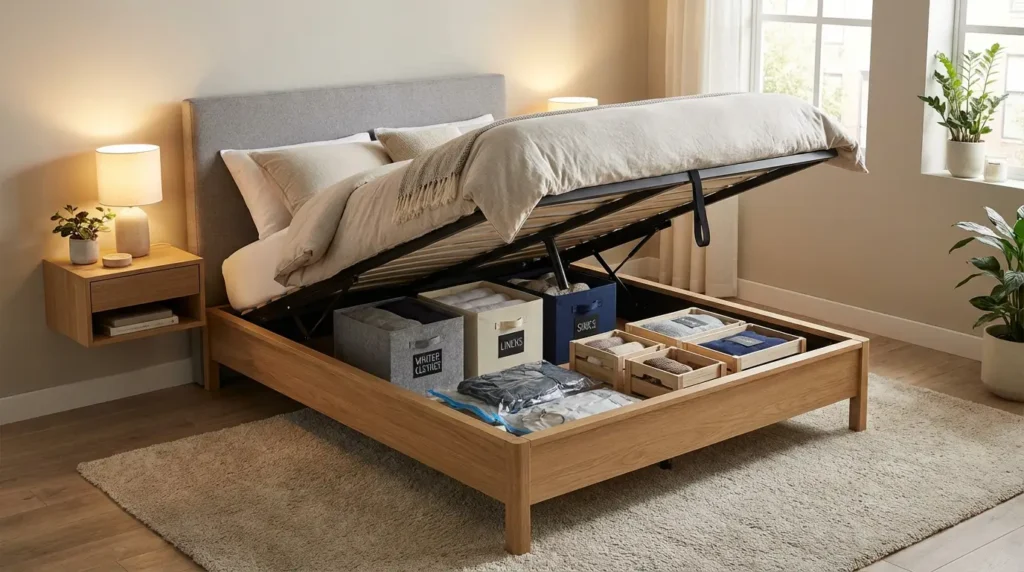Smart under-bed storage solution featured by yourselflovehub.com for maximizing small bedroom space