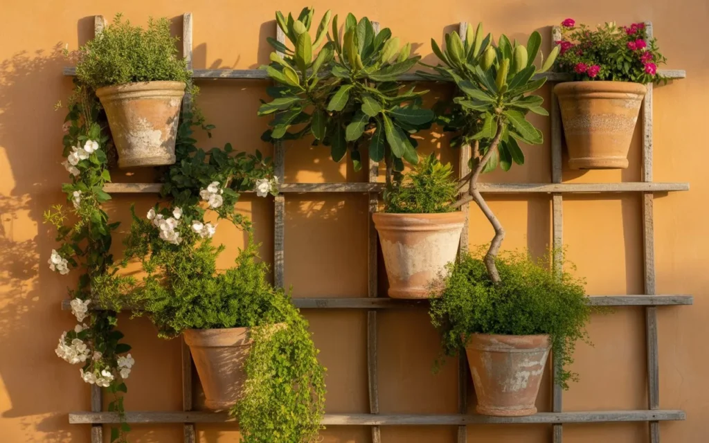 Terracotta pots with herbs and shrubs arranged on a wooden wall trellis in warm evening light on yourselflovehub.com.