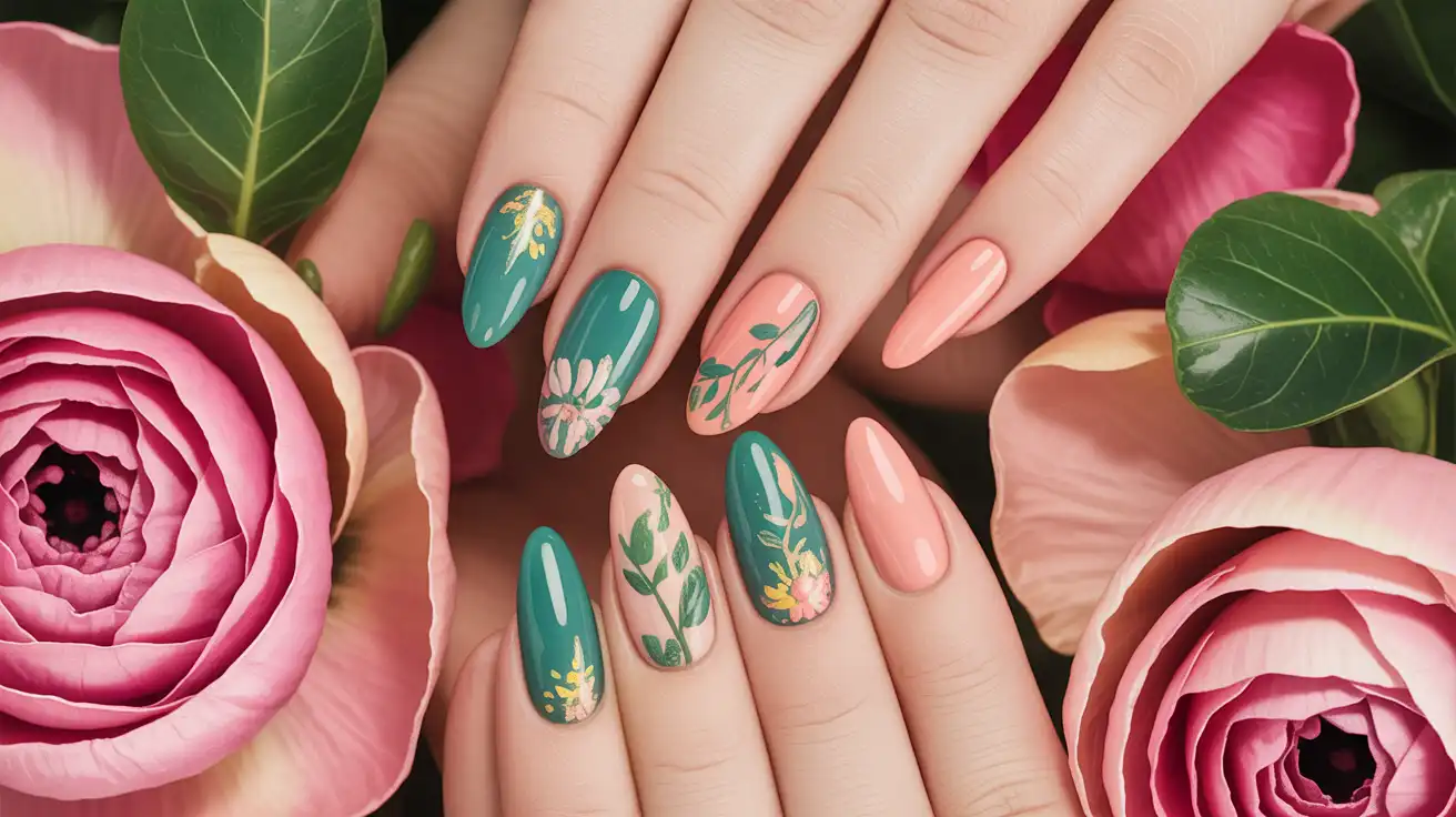 Mixed vibrant spring nail designs 2025 manicure with butter yellow, pastel chrome, jelly mint, baby blue and peach nails on two hands.