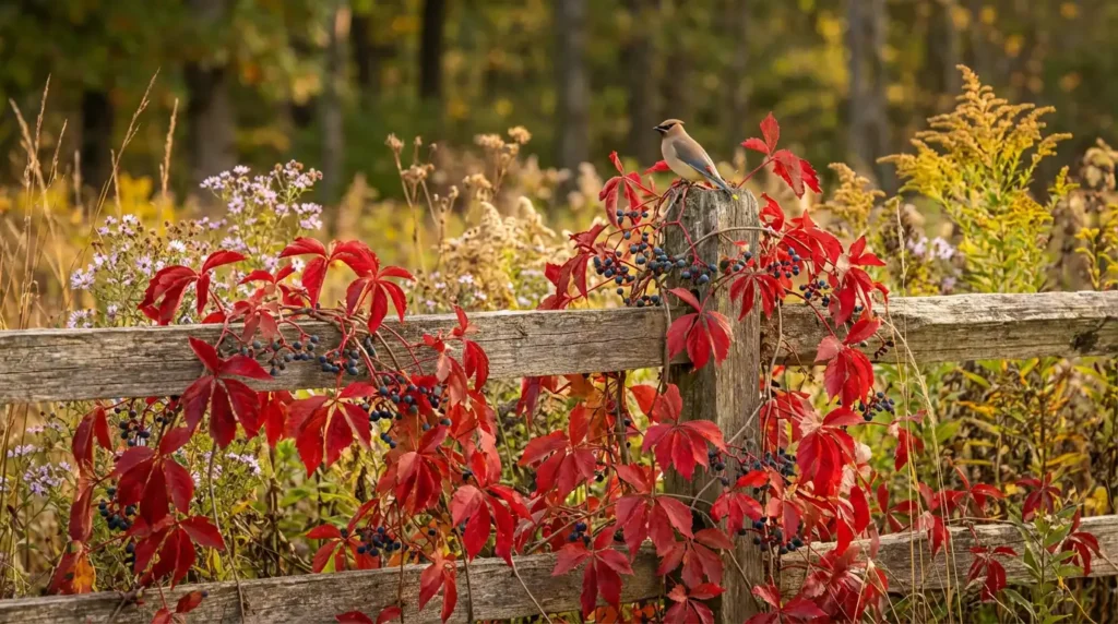 Best clinging vines Virginia creeper five-leaflet crimson foliage with berries