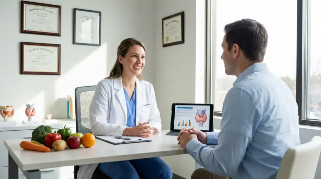Friendly doctor–patient consultation in a bright clinic, illustrating when to seek professional help for stalled efforts to lose weight without moving your body.