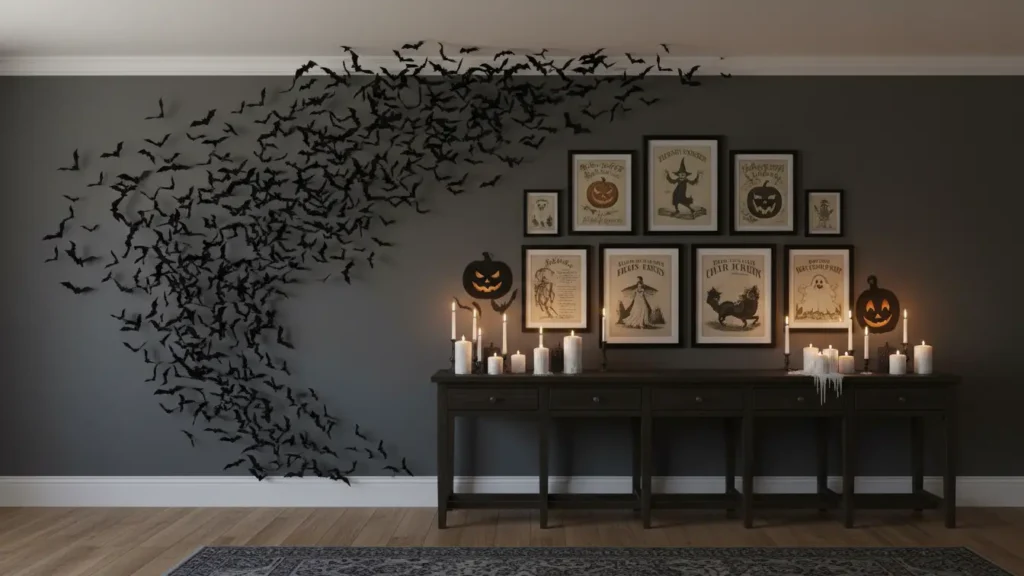Extending the Look: yourselflovehub.com focal wall with bat swarm decor, framed vintage Halloween prints, and candle clusters.