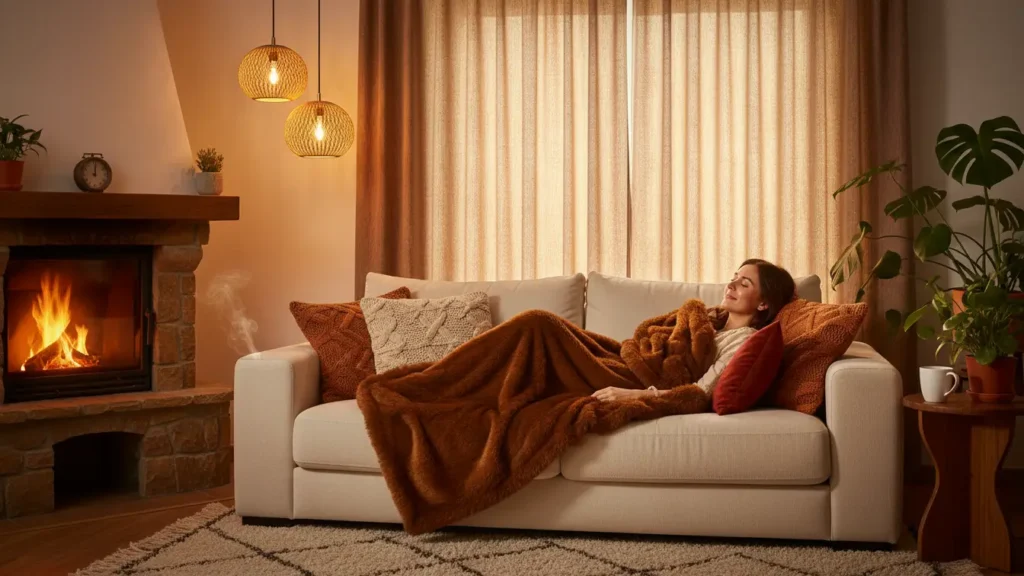 Cozy fireplace living room showing ways to beat the winter blues with warm lighting, soft textures, and hygge comfort.