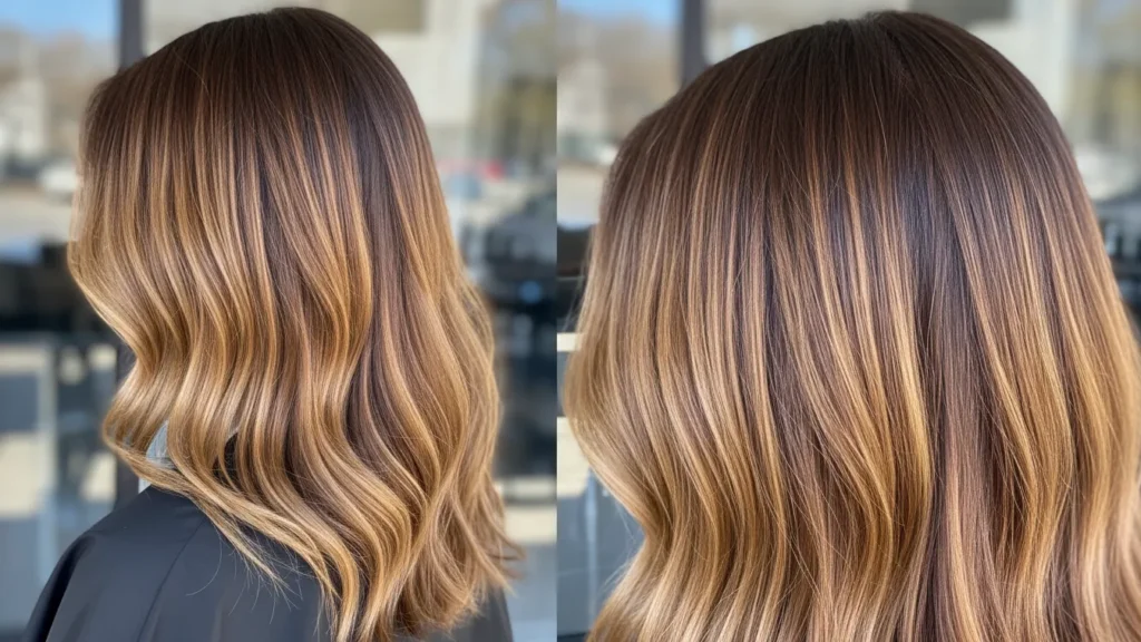 Honey Brown Balayage Ideas for Short Hair showing seamless blend from brown base to honey ends