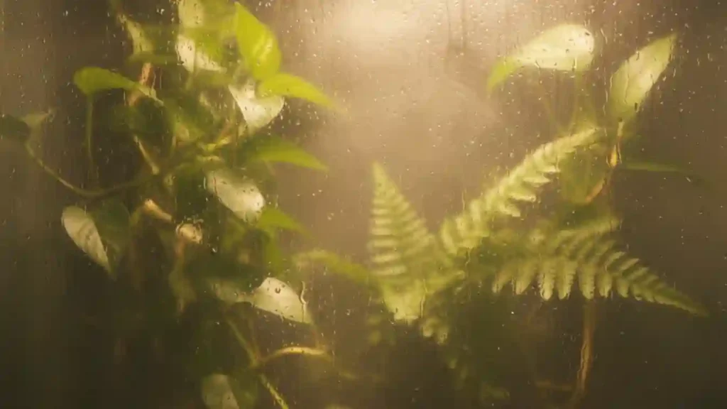 bright steamy bathroom with different shower plants grouped around the tub showing a mini indoor rainforest