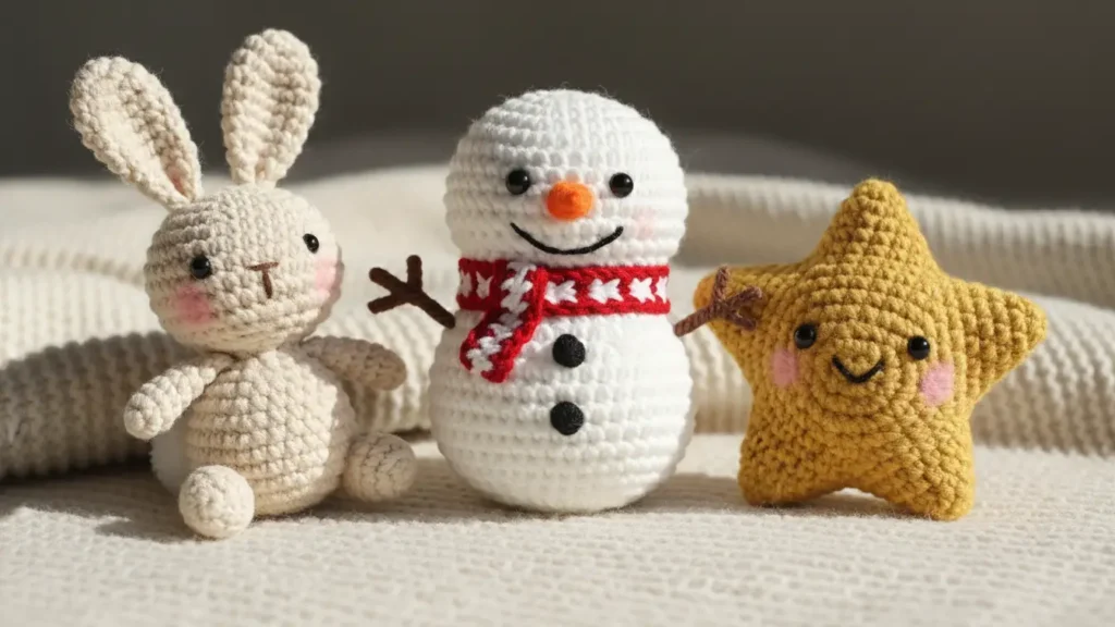 Crochet Amigurumi Snowman Beginner Tutorial explaining amigurumi with small crocheted plush toys and clean stitch details.