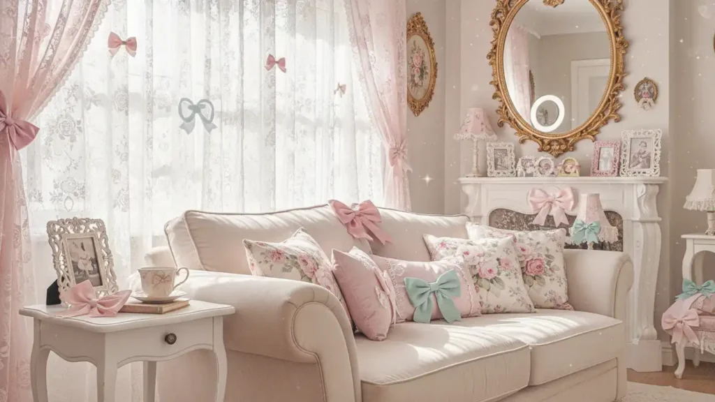 Coquette Home Aesthetic soft pastel living room with lace curtains bows and vintage mirror