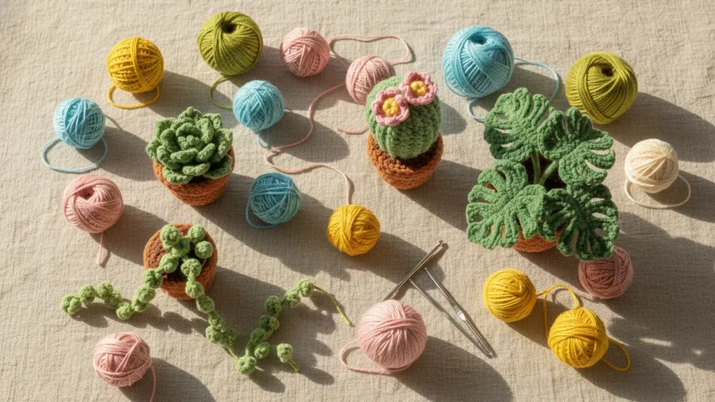 Cute Crochet Plant Ideas flat-lay with adorable yarn plants, soft textures, and cozy craft vibes.