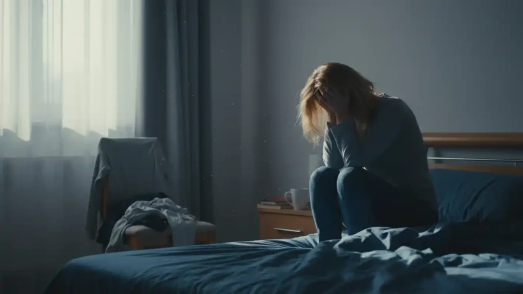 Exhausted woman sitting on the edge of her bed in a dim room representing how heavy energy feels in everyday life for YourselfLoveHub.com