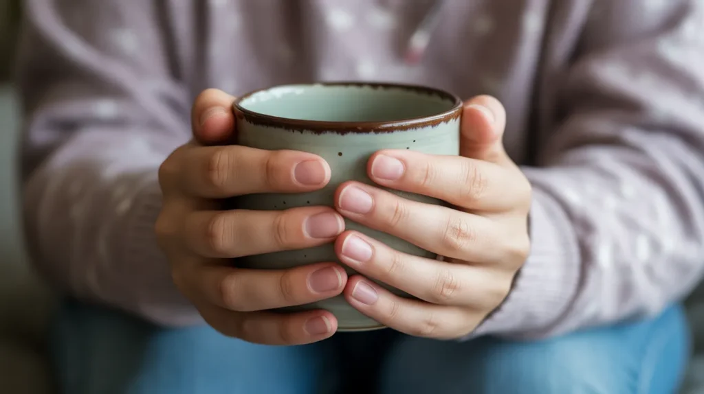 Close-up of hands wrapped around a warm mug, symbolising soft self-care and emotional comfort from YourselfLoveHub.