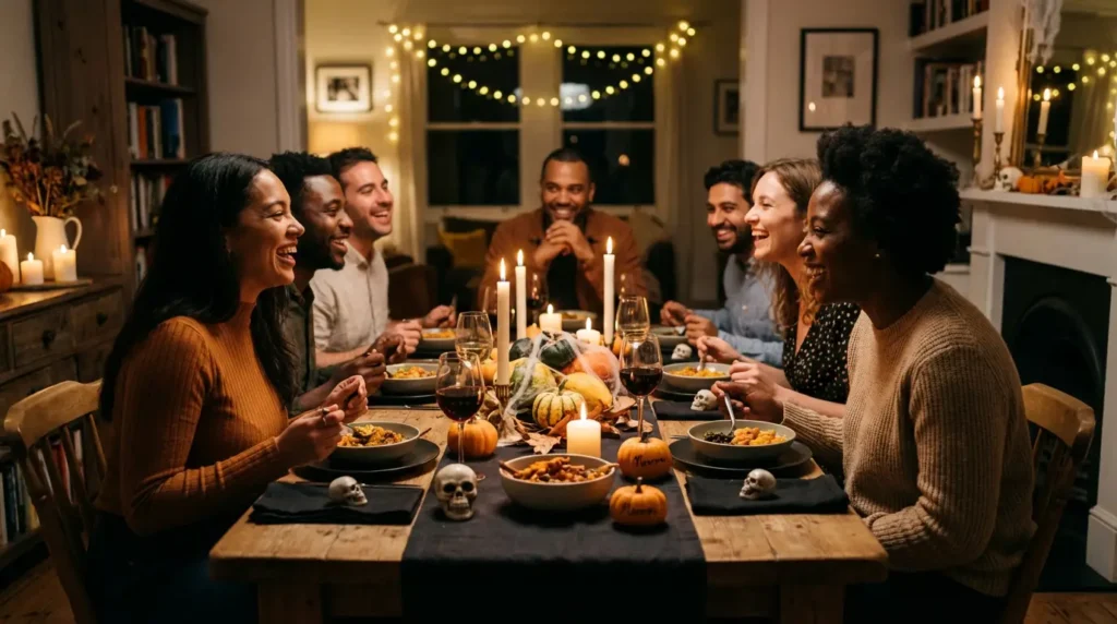 yourselflovehub.com cozy Halloween dinner scene with candlelight, black napkins, and pumpkin place cards.