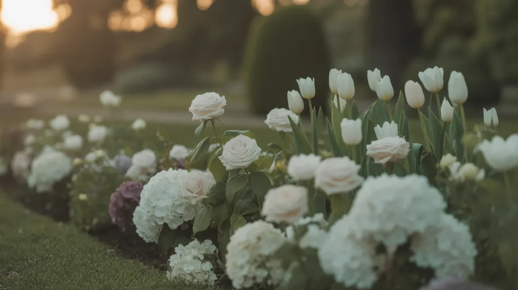 Soft glowing garden bed of white flowers at dusk, creating a calm, elegant look for yourselflovehub.com